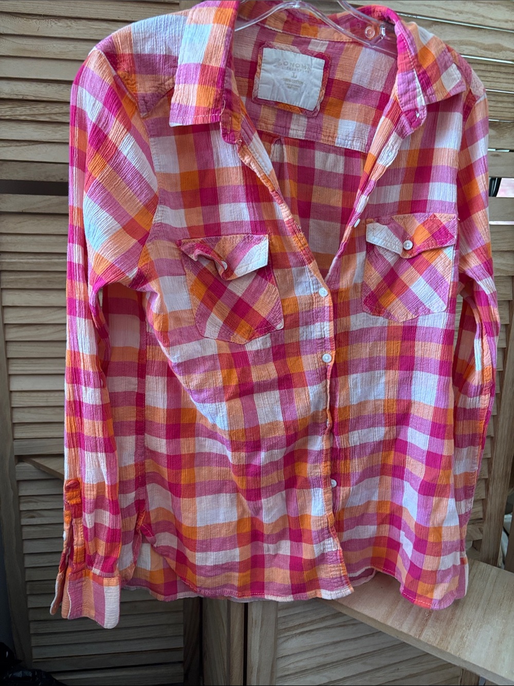 Sonoma Pink and Orange Plaid Gauze Shirt Large